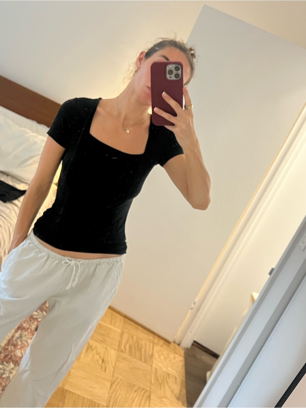 Mango Black Square-Neck Short Sleeve Top
